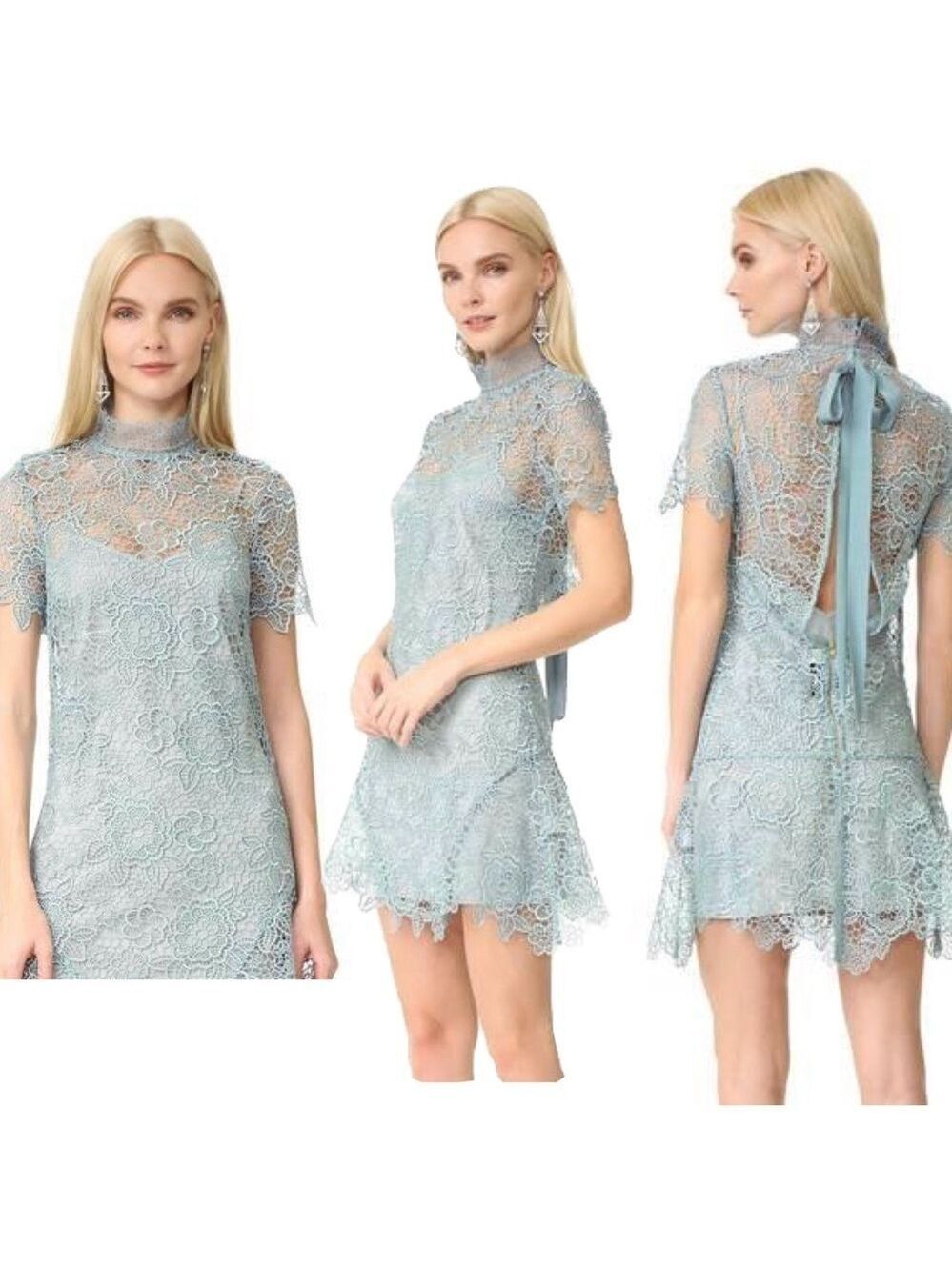 SELF PORTRAIT PEEP BACK FLORAL LACE MINI DRESS LIGHT BLUE 4